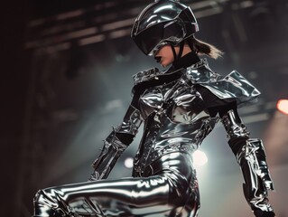 A young woman poses on the podium in silver clothes. Futuristic fashion and beauty.