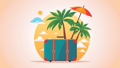 Summer Background with Suitcase, Umbrella, Palm: A Vector Illustration