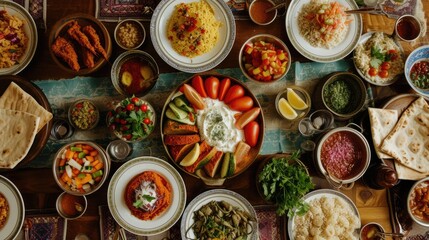 table spread with traditional Middle Eastern food for breaking the fast. - obrazy, fototapety, plakaty