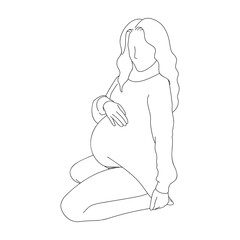 Line drawing of a pregnant woman. One line drawing of a pregnant woman. Pregnant belly. Minimalist contour illustration of a happy mother.