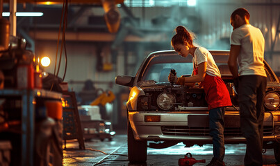A man and a woman are fixing a vehicle in a garage, working on the automotive tire and motor vehicle parts like the bumper and exterior lighting, man and woman are repairing a vehicle in a garage - obrazy, fototapety, plakaty