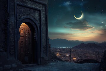 antique door opening to an Arabian city under Ramadan's night sky