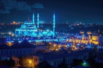 nighttime cityscape overlooking a large mosque brightly lit and decorated for Eid al-Fitr