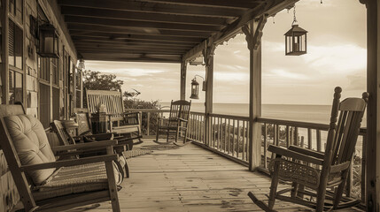 Vintage Coastal Seaside Porch with Weathered Wood Furniture and Lanterns - Rustic Beach House Decor for Coastal Living