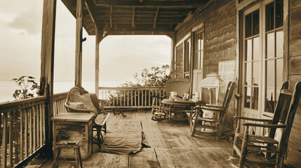 Vintage Coastal Seaside Porch with Weathered Wood Furniture and Vintage Lanterns: Serene Rustic Charm and Coastal Elegance