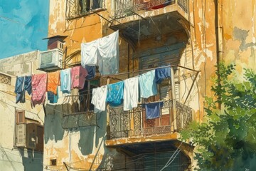 windy day in an Arabic city with clothes hanging from the balconies