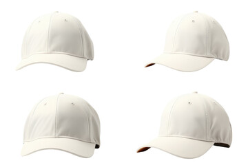 Four White Baseball Caps. Four plain white baseball caps neatly arrange. on a White or Clear Surface PNG Transparent Background.