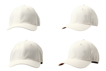 Four White Baseball Caps. Four plain white baseball caps neatly arrange. on a White or Clear Surface PNG Transparent Background.