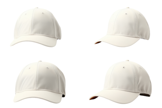 Four White Baseball Caps. Four plain white baseball caps neatly arrange. on a White or Clear Surface PNG Transparent Background.