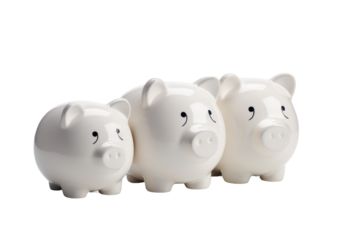 Three White Piggy Banks Sitting Next to Each Other. on a White or Clear Surface PNG Transparent Background.
