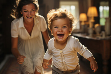 A laughing baby confidently takes first steps while a mother offers support and encouragement in a warmly lit home environment inside the house. - obrazy, fototapety, plakaty