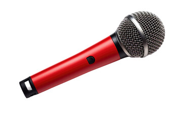 A red microphone stands out ready to amplify voices and deliver powerful performances. on a White or Clear Surface PNG Transparent Background.