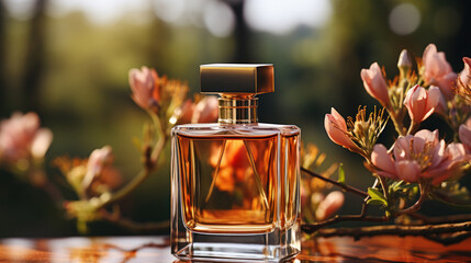A minimal elegant perfume bottle. Parfumerie banner.