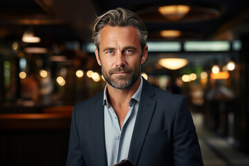 A smiling mature businessman professional executive manager looking away thinking working on tech device.