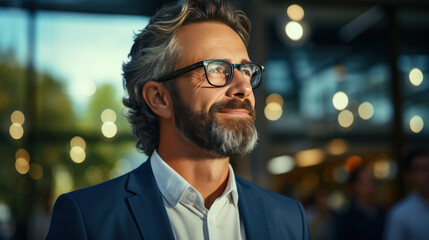 Obraz premium A smiling mature businessman professional executive manager looking away thinking working on tech device.