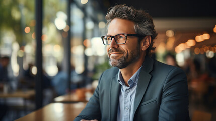 A smiling mature businessman professional executive manager looking away thinking working on tech device.