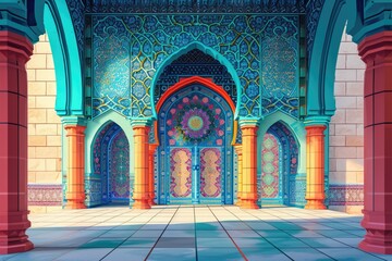 image featuring an Islamic mihrab with ornate decorations and bright jewel tones