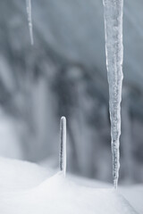 Close up of one stalactite and one stalagmite icicle - obrazy, fototapety, plakaty
