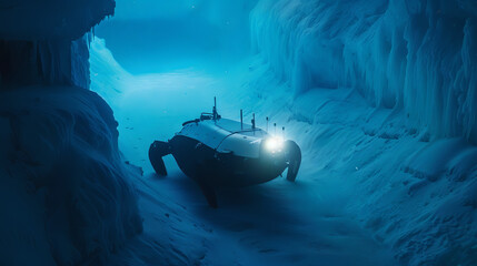 Autonomous underwater robot exploring underwater Arctic ice.
