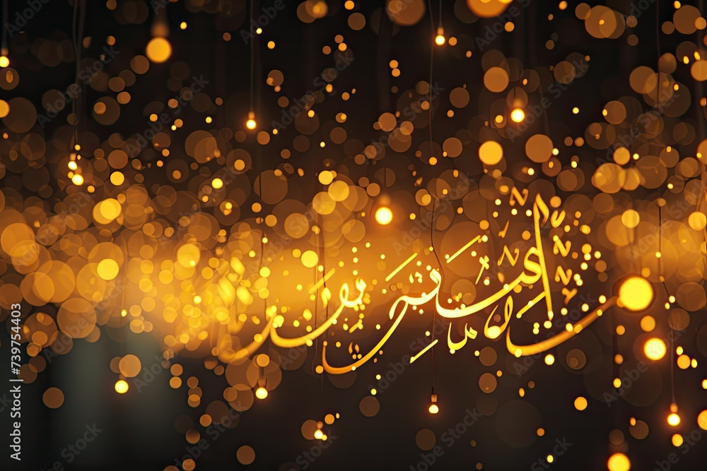 Poster bokeh gold lights background with ramadan greeting written in both english and arabic