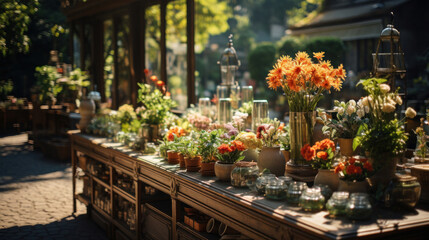 Flower shop adorned with an abundance of colorful flowers on display, inviting passersby into the cozy botanical haven. - obrazy, fototapety, plakaty