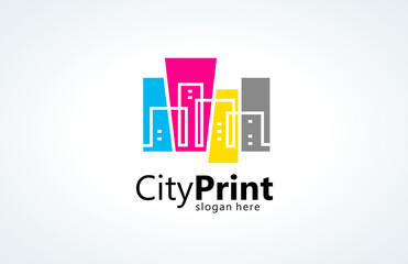 Logo City Print СMYK Polygraphy theme. Silhouette Buildings lines and squares style. Template design vector. White background.
