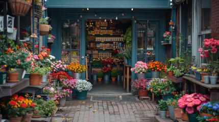 Flower shop adorned with an abundance of colorful flowers on display, inviting passersby into the cozy botanical haven. - obrazy, fototapety, plakaty