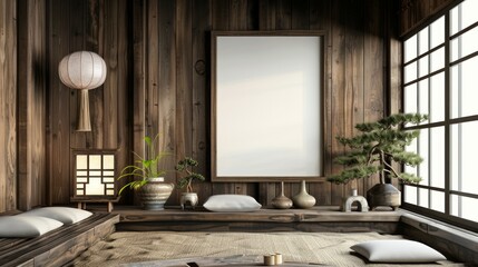 Old wooden frame mockup in japanese farmhouse living room interior, 3d rendering. Generative Ai