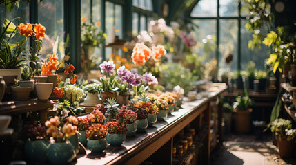 Flower shop interior brimming with a diverse array of colorful flowers and lush green plants.