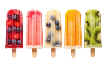 Colorful popsicles lined up in a row, showcasing an assortment of fruit flavors. on a White or Clear Surface PNG Transparent Background.
