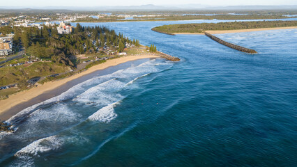 Aerial view of Town Beach and Hasting River entry at Port Macquarie - NSW Australia - Port Macquarie is a popular tourist destination.