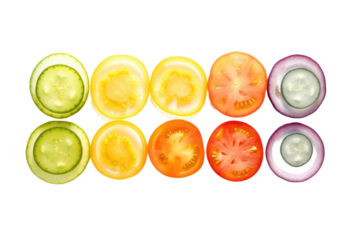 Various sliced vegetables are neatly arranged on top of each other in a visually appealing composition. on a White or Clear Surface PNG Transparent Background.