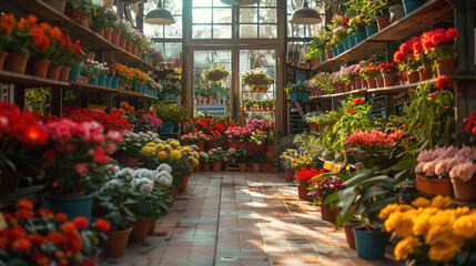 Fototapeta na wymiar Flower shop interior brimming with a diverse array of colorful flowers and lush green plants.