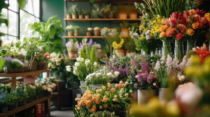 Flower shop interior brimming with a diverse array of colorful flowers and lush green plants.