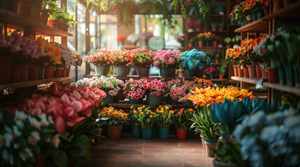 Fototapeta na wymiar Flower shop interior brimming with a diverse array of colorful flowers and lush green plants.