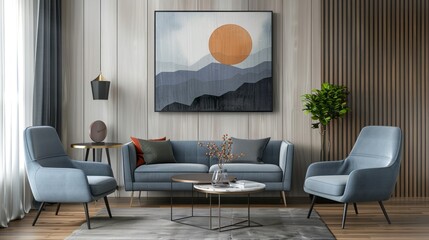 Poster mockup on living room wooden floor. Interior mockup. Apartment background. Modern interior design. Generative Ai