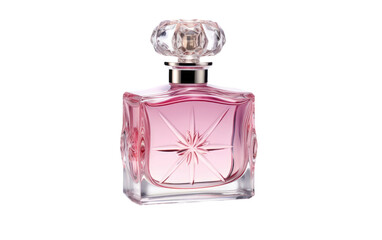 A bottle of pink perfume stands presenting a clean and visually appealing display. on a White or Clear Surface PNG Transparent Background.