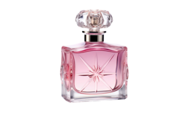 A bottle of pink perfume stands presenting a clean and visually appealing display. on a White or Clear Surface PNG Transparent Background.