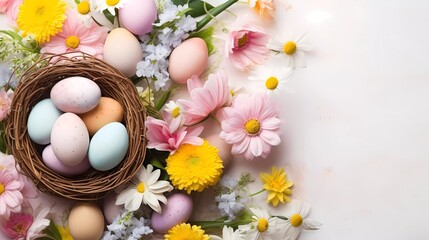 Obraz na płótnie Canvas Easter poster and banner template with Easter eggs in decorated basket nest and spring flowers background. Greetings and presents for Easter Day. Promotion and shopping template for Easter