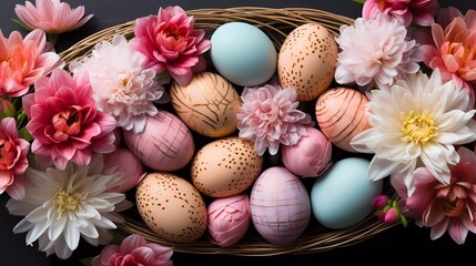 Fototapeta na wymiar Easter poster and banner template with Easter eggs in decorated basket nest and spring flowers background. Greetings and presents for Easter Day. Promotion and shopping template for Easter