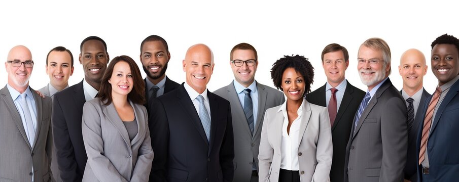 Group of ethnically diverse successful business team on white background