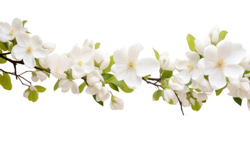 A close up photograph of a branch displaying its white flowers and lush green leaves. on a White or Clear Surface PNG Transparent Background.