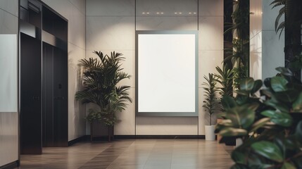 Office hallway with advertising display. Concept features a spacious corridor with a large, blank LCD screen floor stand, flanked by lush green potted plants and modern, minimalist decor.