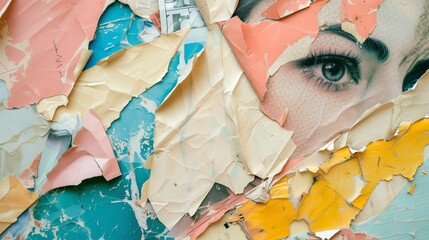 Abstract background of torn paper layers. The image reveals fragments of a woman's face with a focus on her eye, amidst an array of pastel and bold colored papers, creating a collage effect.