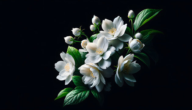 A jasmine branch with blooming white flowers isolated on a black background, minimal Springtime beauty concept
