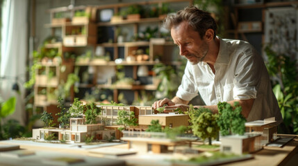 Concentrated male architect examining a detailed architectural model with sustainable design elements in a sunlit studio.