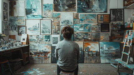 An artist sits back, taking a moment to contemplate various abstract paintings adorning the walls...