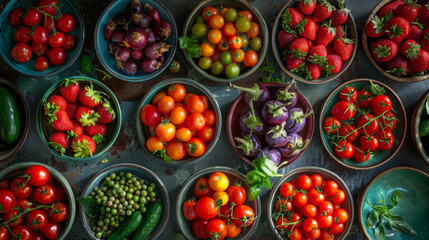 An array of colorful fruits and vegetables neatly arranged in bowls, showcasing the diversity and freshness of produce.
