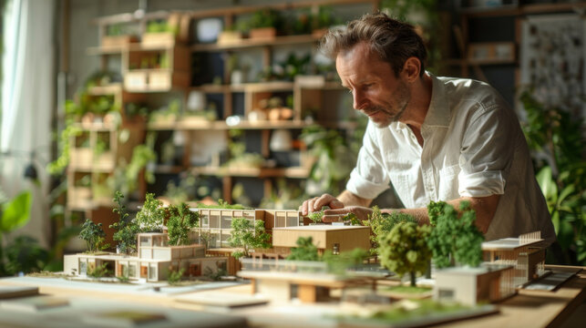 Concentrated male architect examining a detailed architectural model with sustainable design elements in a sunlit studio.
