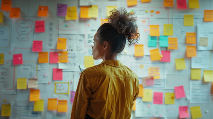 A creative female professional assesses a wall full of colorful sticky notes and brainstorming diagrams for project development.
